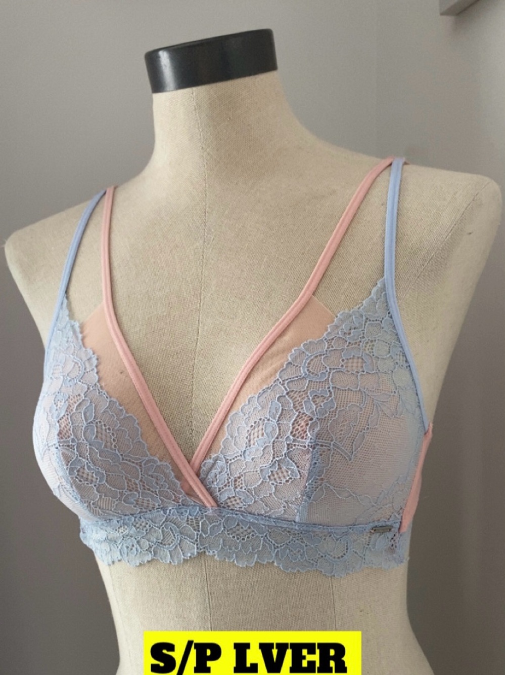 La Vie En Rose Lace Bralette in Light Blue and Blush Pink